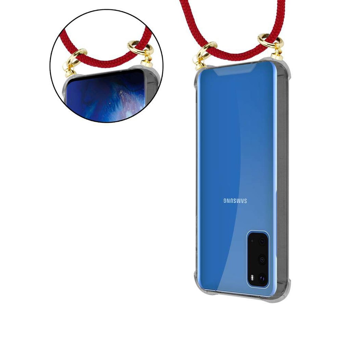 Telefono in custodia trasparente con retro blu e corda rossa, con anelli dorati.
