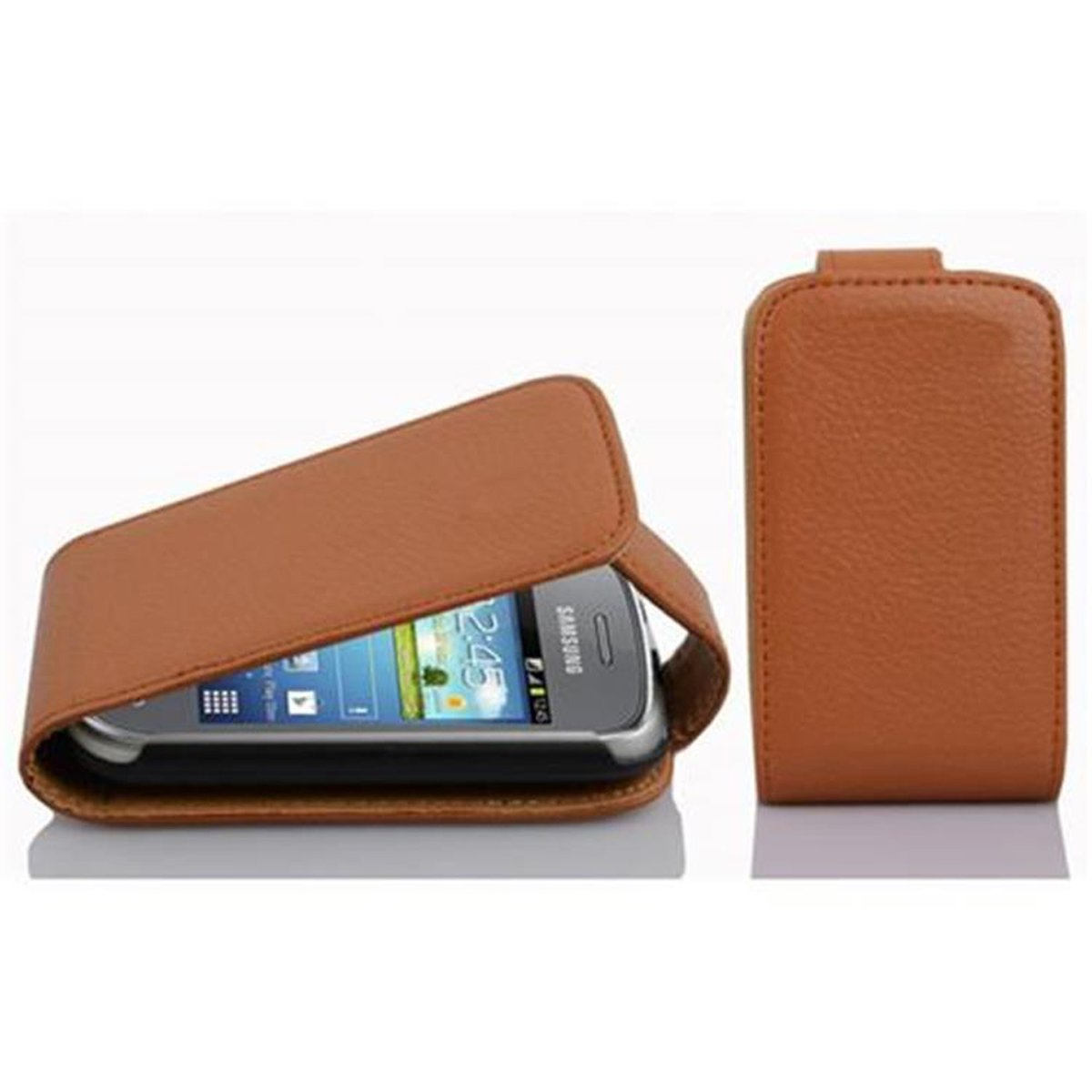 Eine braune Leder-Handyhülle mit einem Telefon darin. Die Hülle ist offen und der Bildschirm des Telefons ist sichtbar.