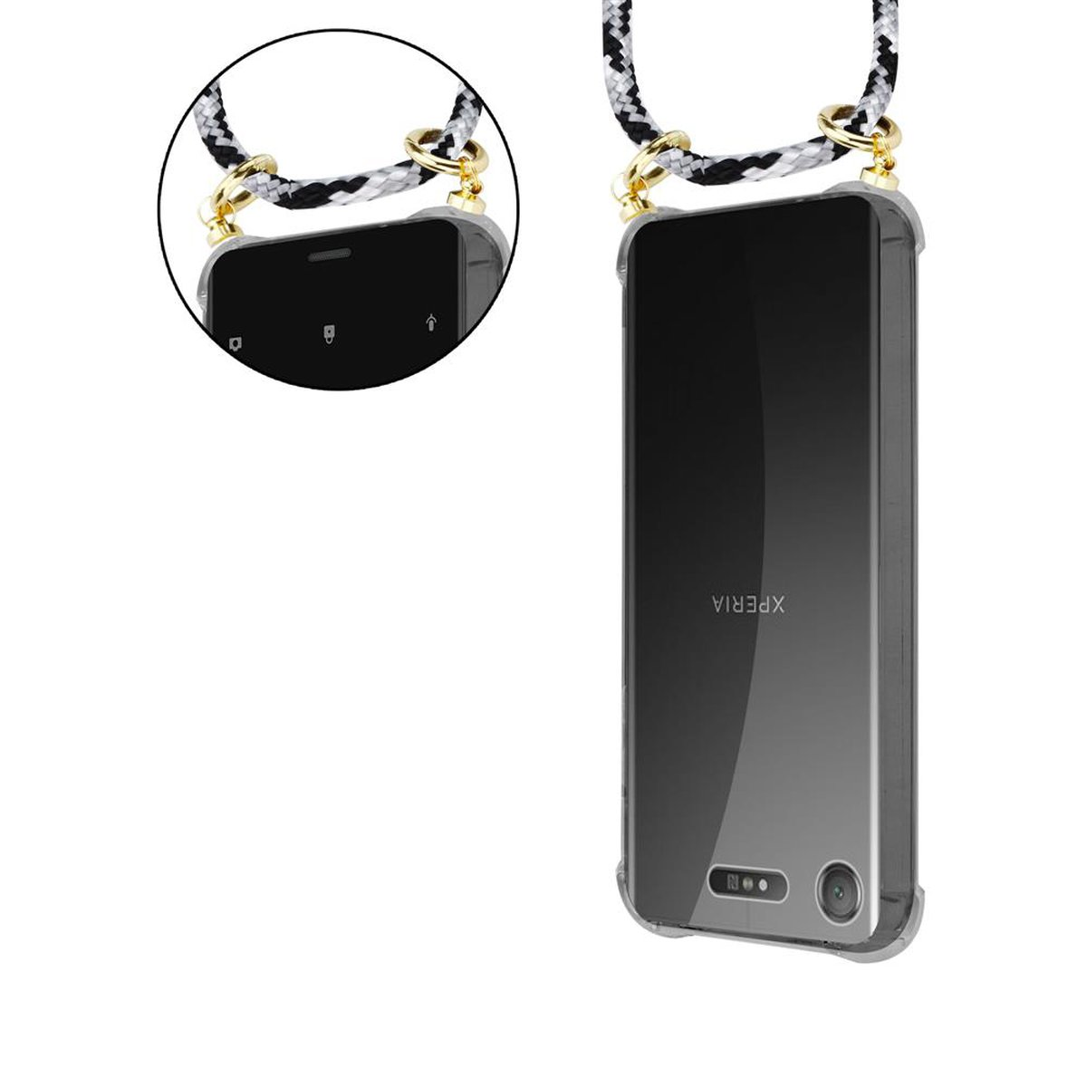 CADORABO Handy Band Kette SCHWARZ Ringen, XZ1, Sony, Xperia und mit Kordel Gold Backcover, abnehmbarer Hülle, CAMOUFLAGE