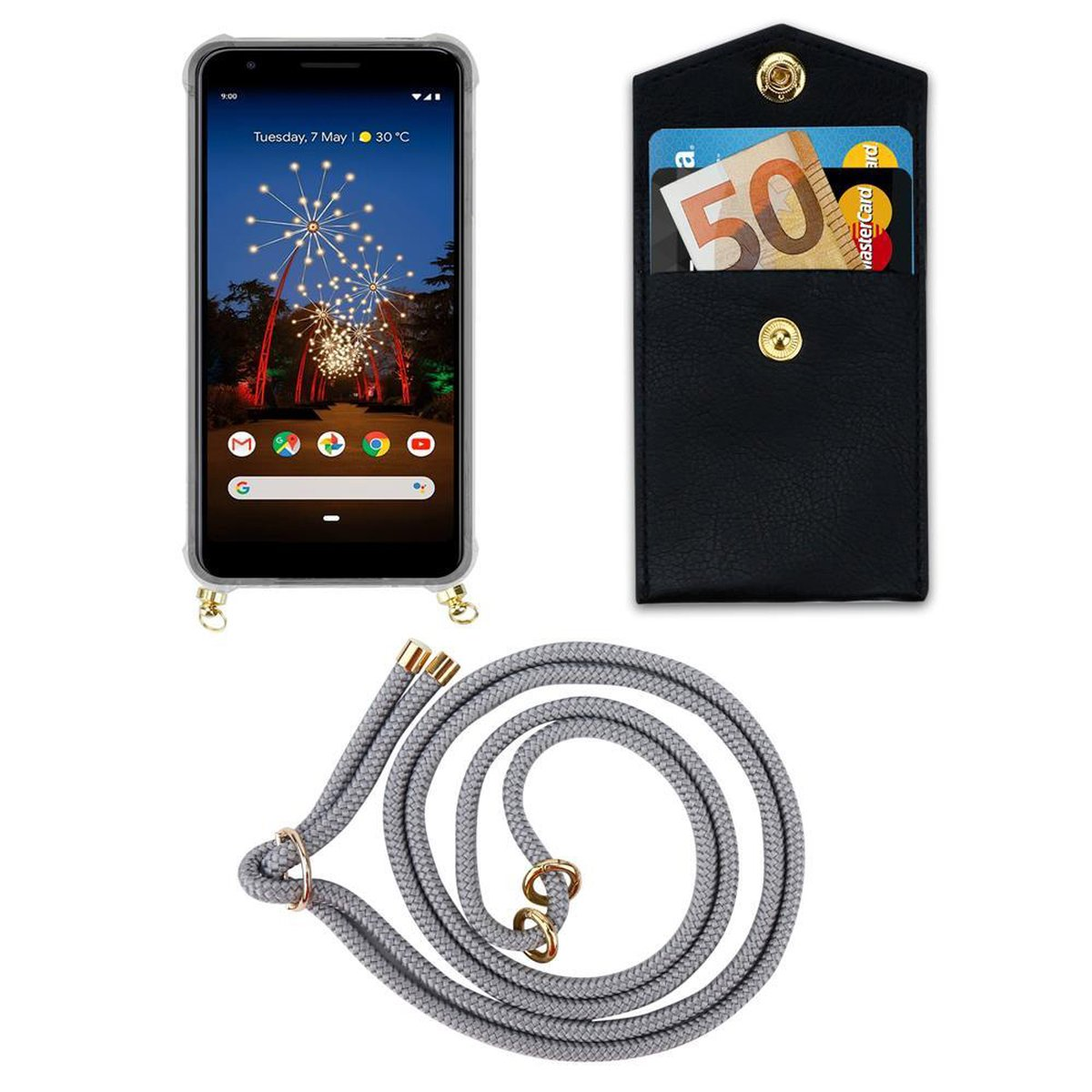 CADORABO Handy Kette mit Gold Hülle, Google, GRAU Backcover, Band Kordel XL, abnehmbarer PIXEL 3A SILBER und Ringen