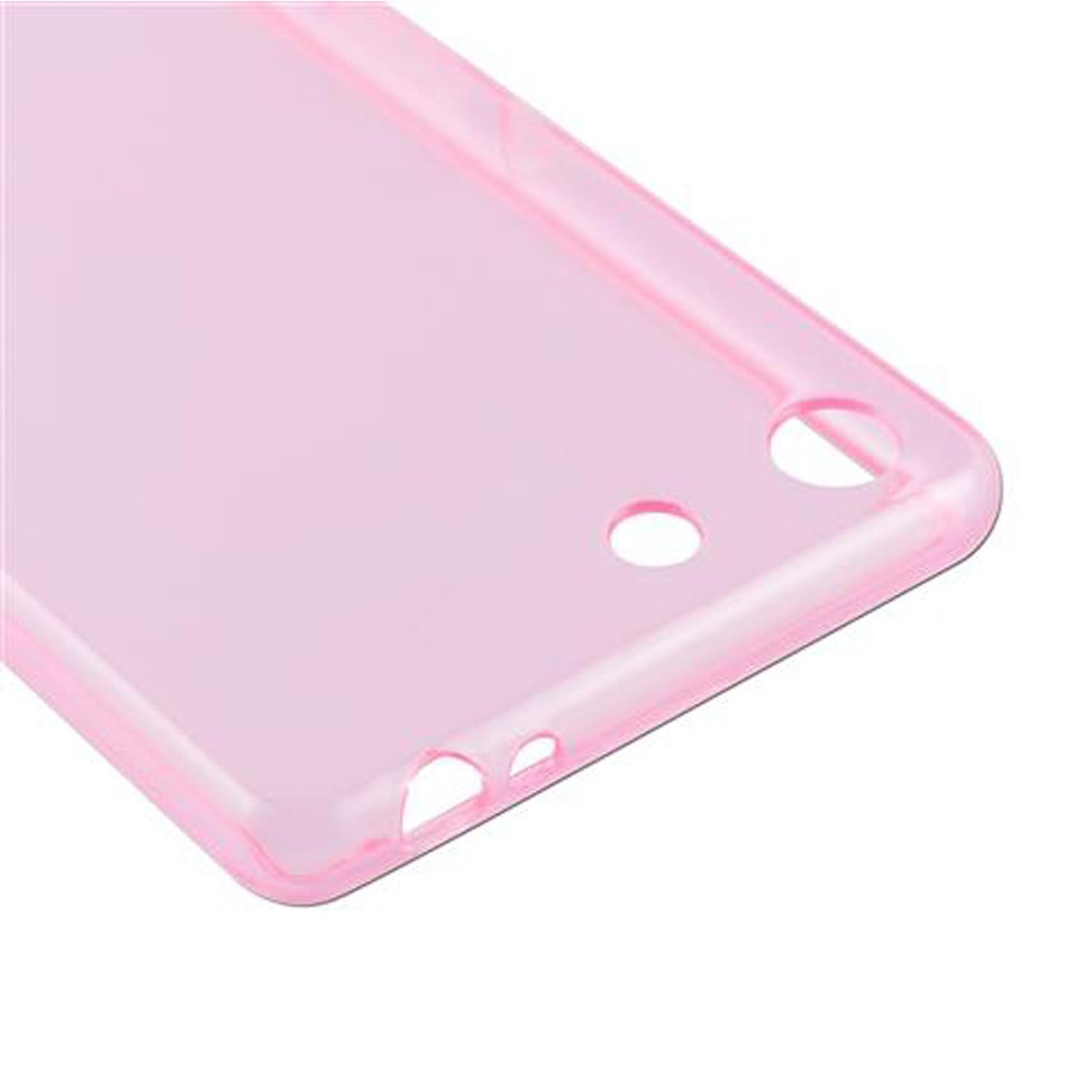 Una vista ravvicinata di una custodia per telefono rosa, con tre fori sul lato.