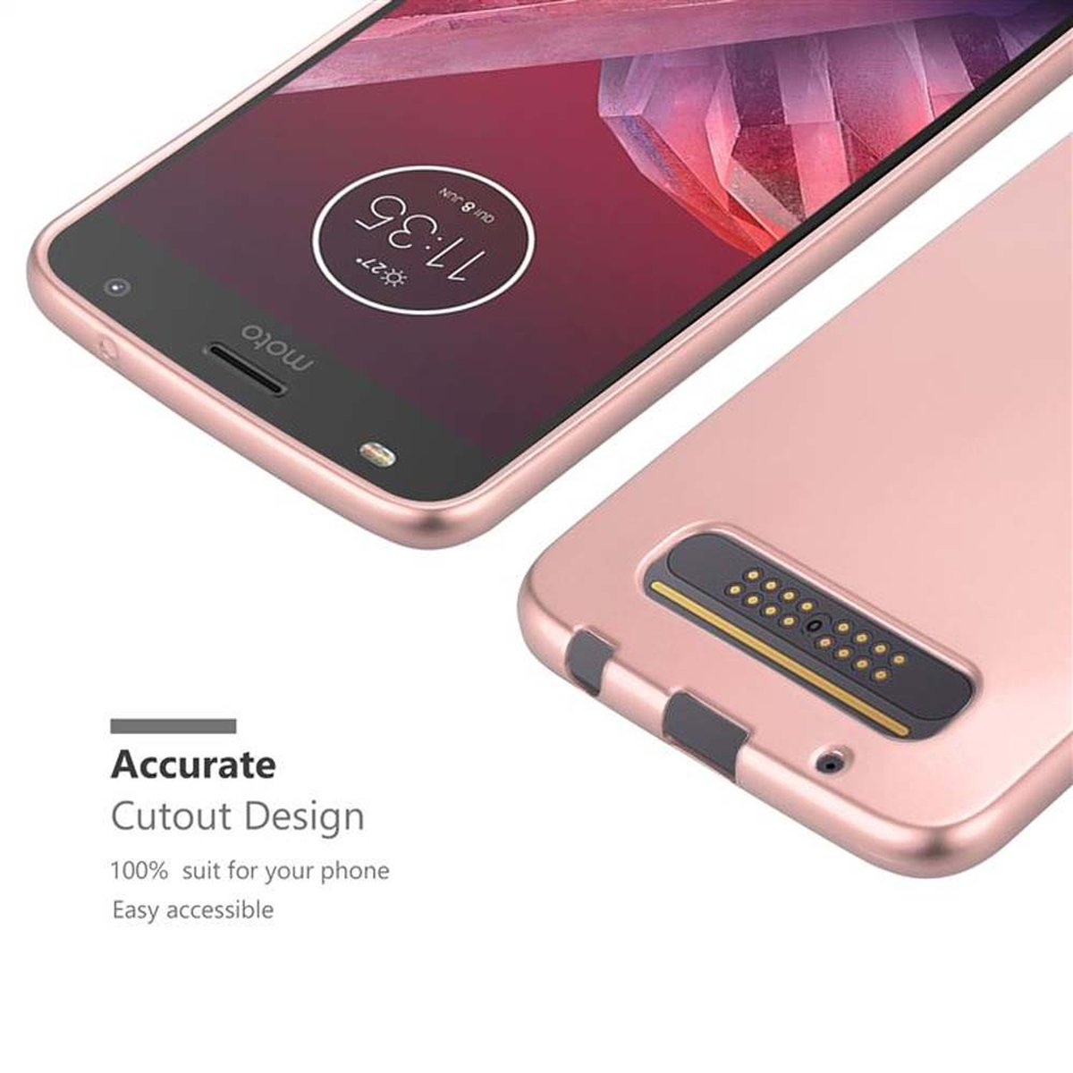 Un telefono in una custodia rosa con l'ora 11:35 visualizzata. La custodia ha un design ritagliato.