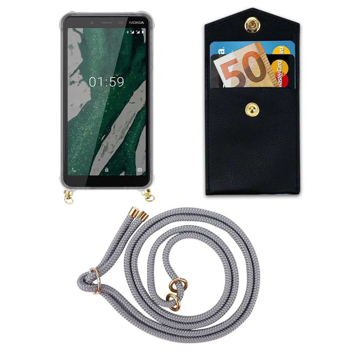 abnehmbarer und 1 Hülle, SILBER PLUS, Handy Ringen, Nokia, CADORABO Kordel GRAU Kette Band mit Gold Backcover,