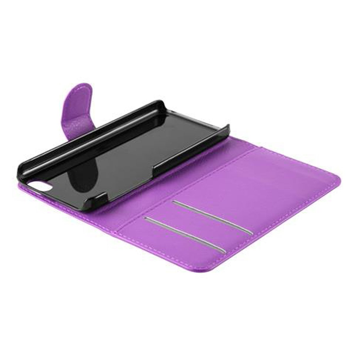 Custodia per telefono viola aperta con supporto nero e due fessure per carte.
