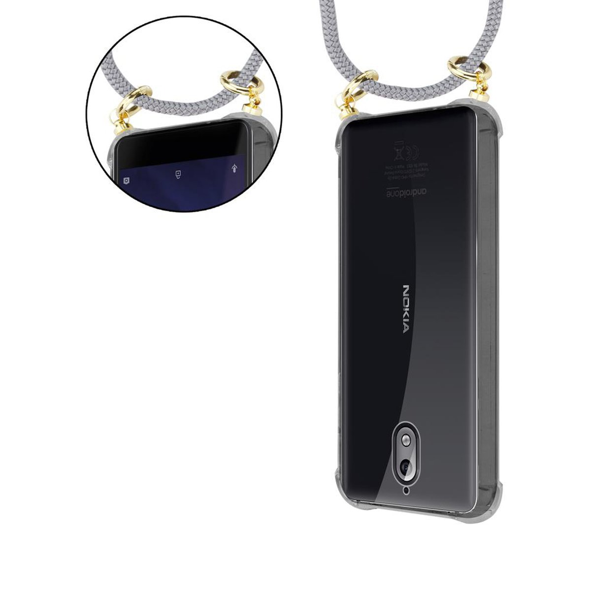 Gold GRAU Kordel Ringen, Handy abnehmbarer Backcover, Kette SILBER 3.1, Nokia, und CADORABO Hülle, mit Band