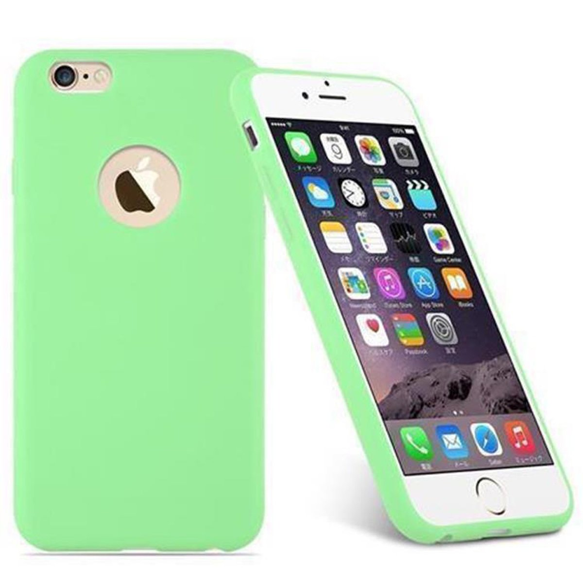 Una custodia per telefono verde menta con un telefono bianco all'interno. La custodia ha un ritaglio per la fotocamera.