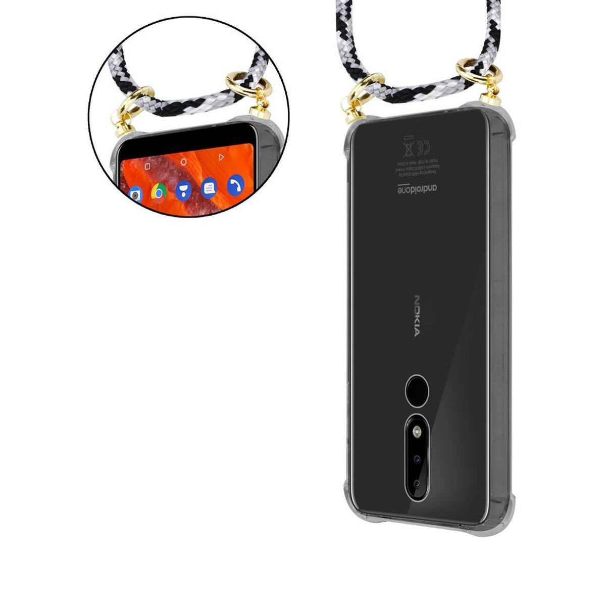 Hülle, 3.1 Handy Band Gold Kordel SCHWARZ abnehmbarer Ringen, CADORABO Nokia, Backcover, PLUS, und Kette mit CAMOUFLAGE