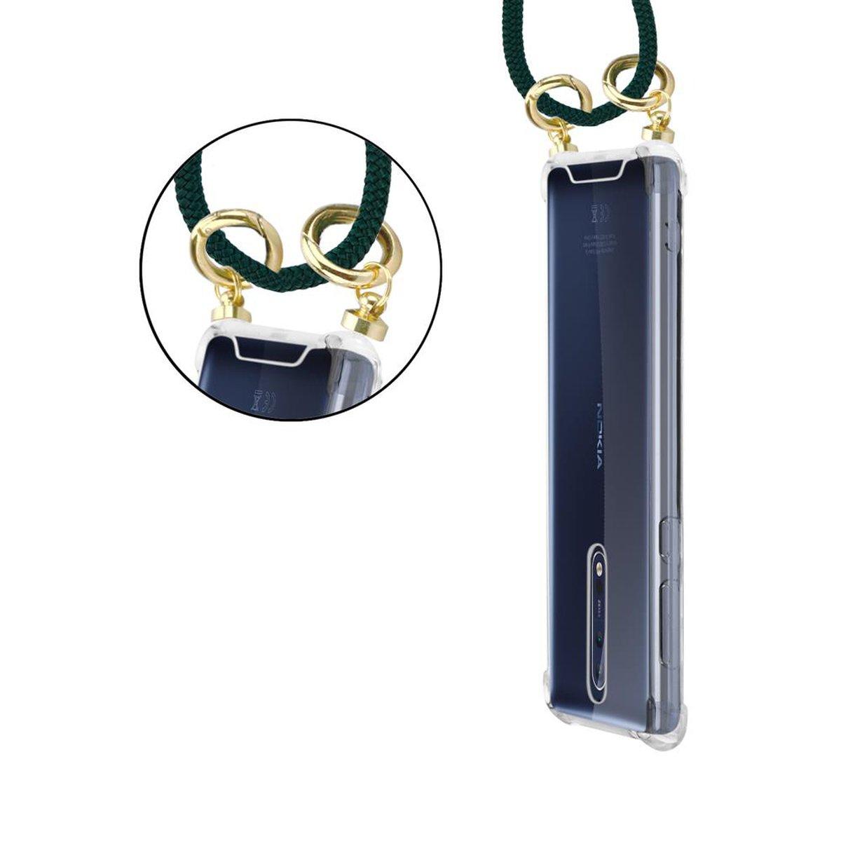 Telefon mit Lanyard. Das Telefon ist in einer transparenten Hülle. Das Lanyard ist grün und gold.