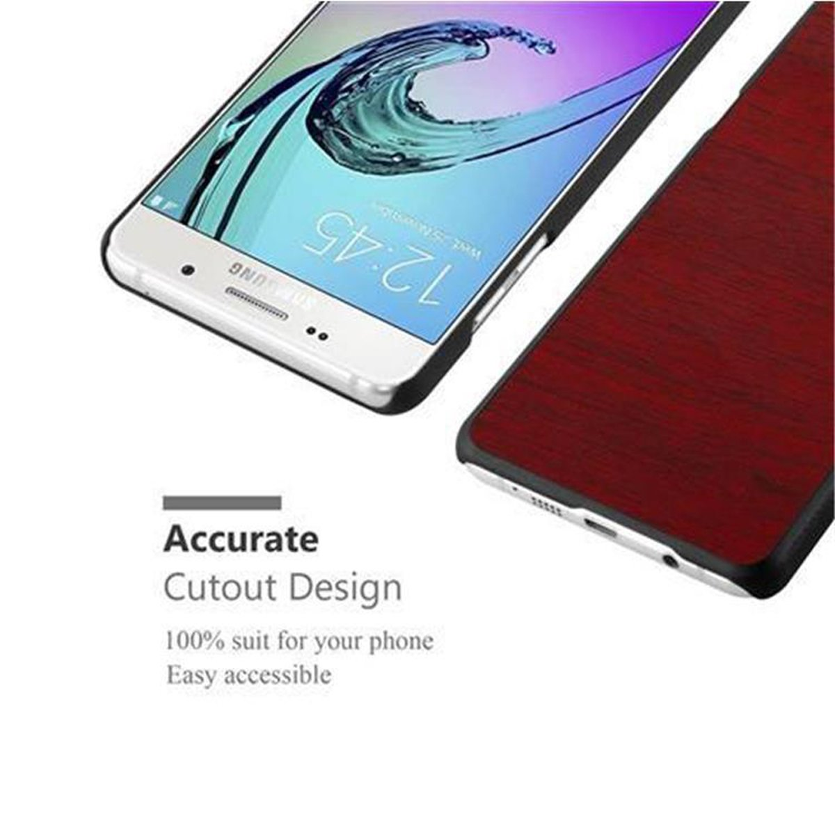 Dos fundas para teléfono, una plateada y otra con vetas de madera. Mostrando el diseño recortado.