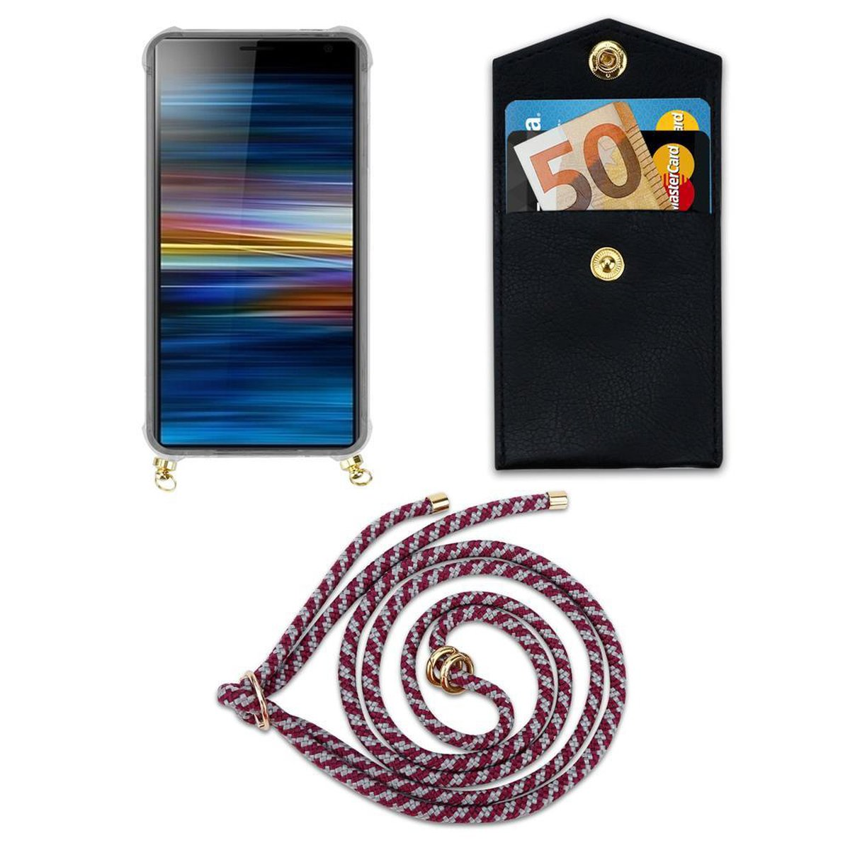CADORABO Handy 10 Gold Band Sony, Backcover, Xperia Kette mit Kordel Ringen, PLUS, abnehmbarer Hülle, WEIß und ROT
