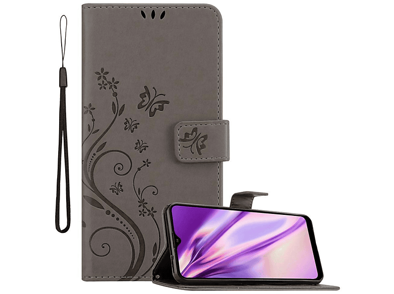 Samsung, Blumen Bookcover, Galaxy Hülle Flower Case, GRAU A20s, Muster FLORAL CADORABO