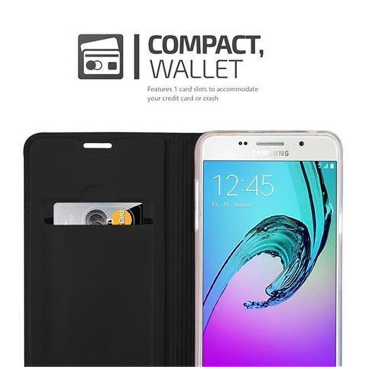 Telefono con custodia a portafoglio aperta e carta all'interno. Testo in alto, "COMPACT, WALLET".