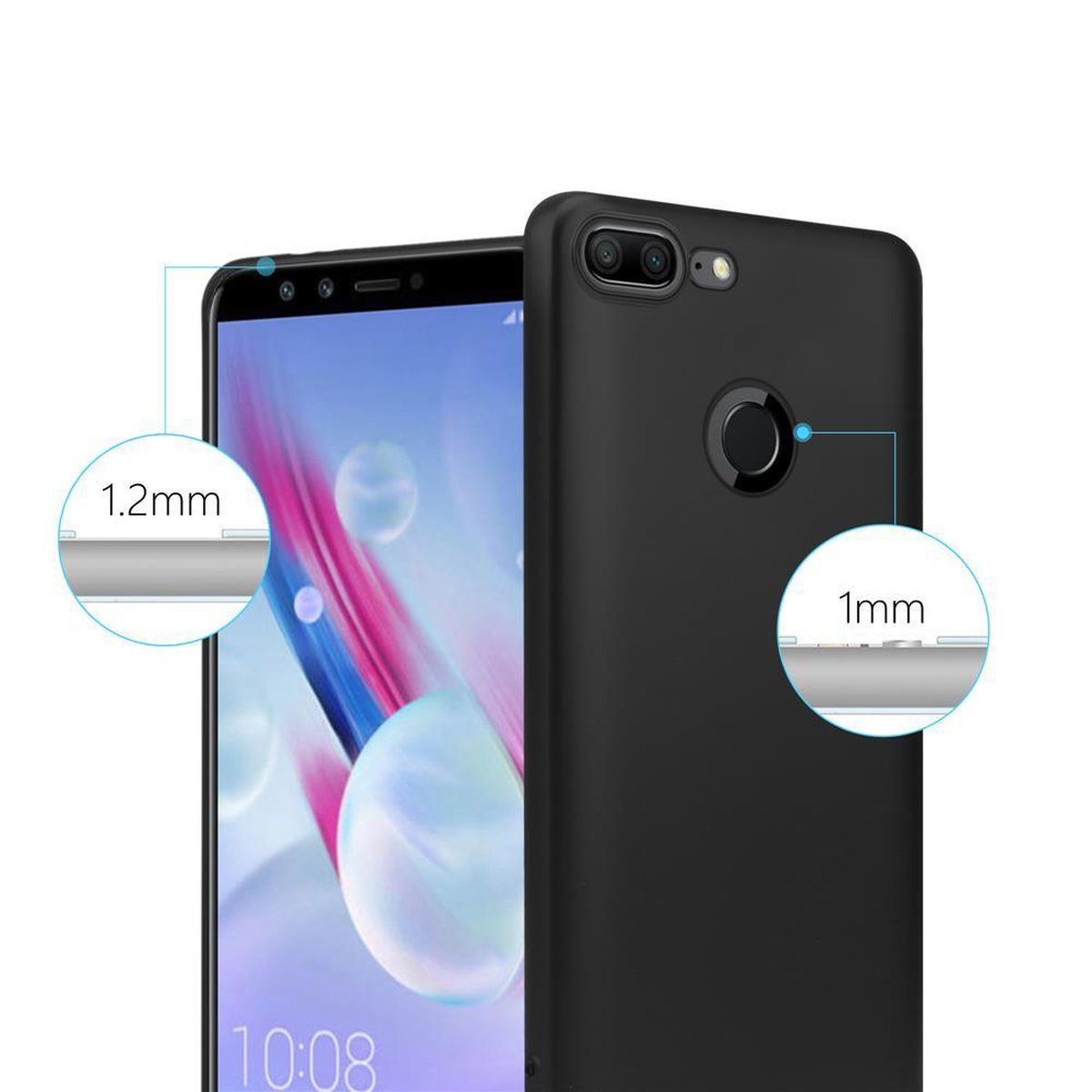 Funda de teléfono negra con un teléfono. Los detalles muestran el grosor y las características del teléfono.