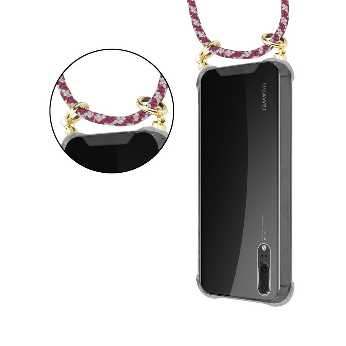Ringen, ROT Kette und Hülle, Backcover, Band GELB mit CADORABO Huawei, P20, Handy Gold abnehmbarer Kordel WEIß