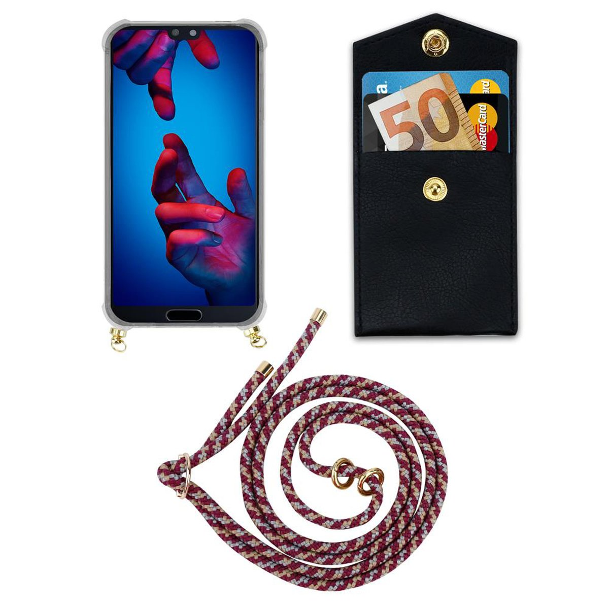 CADORABO Handy abnehmbarer GELB Hülle, Kette WEIß Huawei, mit Kordel Backcover, Gold Band ROT Ringen, P20, und