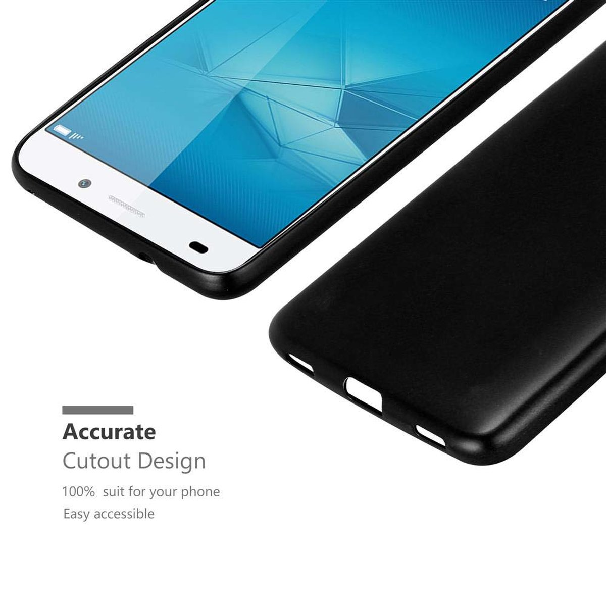 Telefono con custodia nera. Testo: "Design preciso" e "Facilmente accessibile".