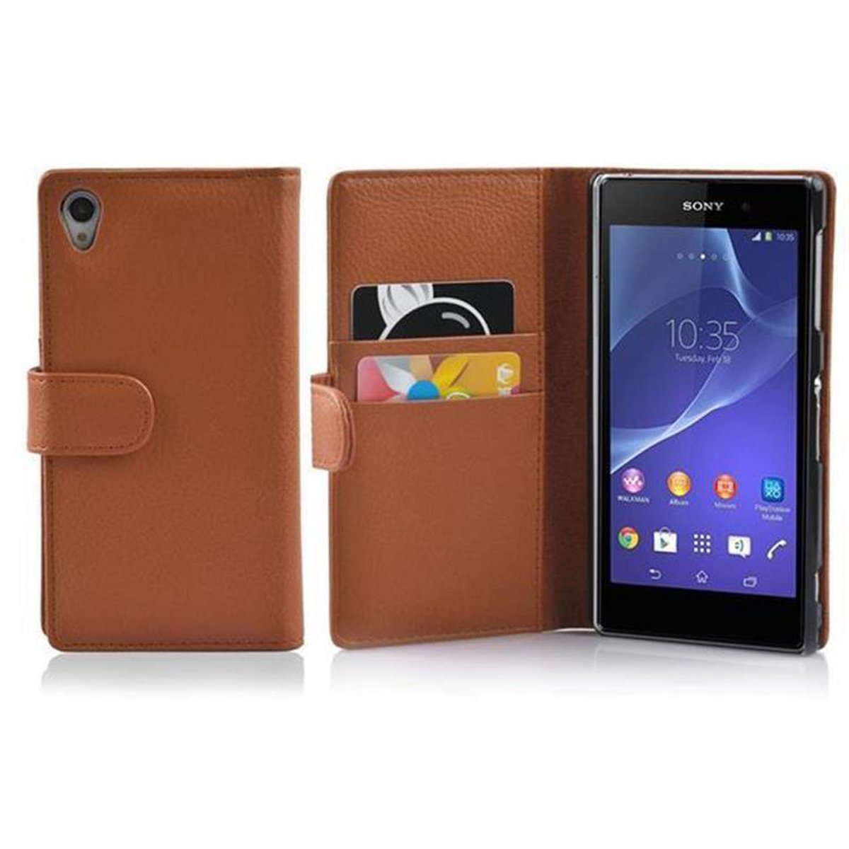 Funda de cuero marrón para teléfono, abierta y cerrada, con smartphone dentro. Fondo blanco.