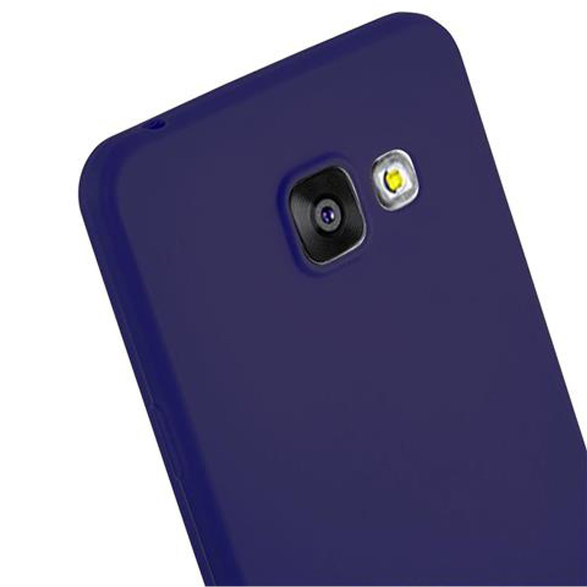 Retro del telefono blu scuro. Fotocamera e flash visibili. Primo piano.
