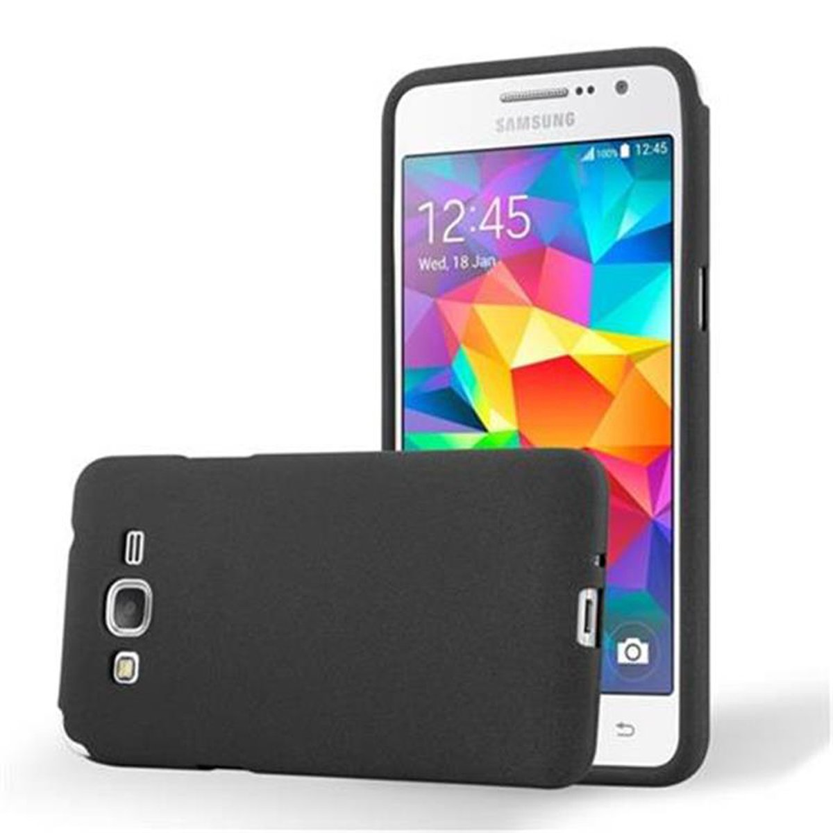 Teléfono con funda negra, junto a la pantalla que muestra la hora.