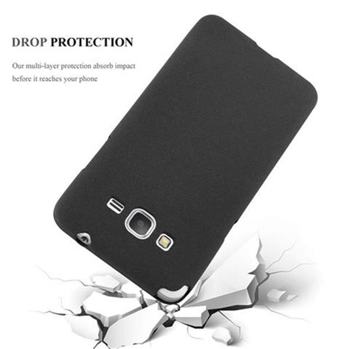 Una funda negra para teléfono con un teléfono dentro. La funda tiene recortes para cámara y botones.
