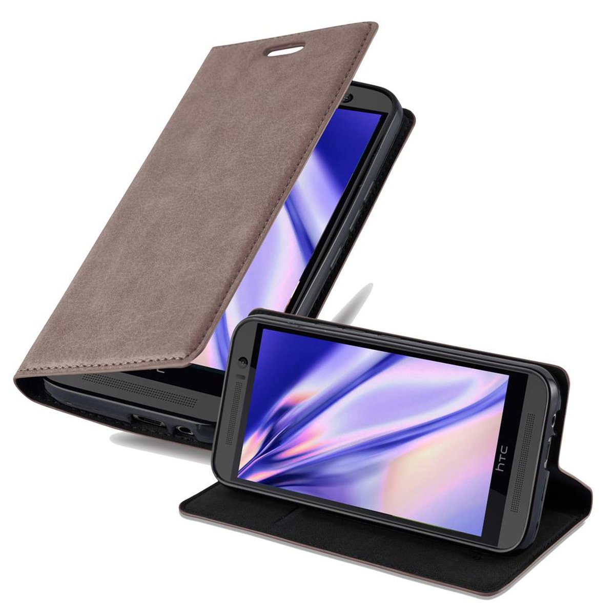 Una funda de teléfono de cuero marrón con un teléfono dentro. El teléfono se muestra abierto.