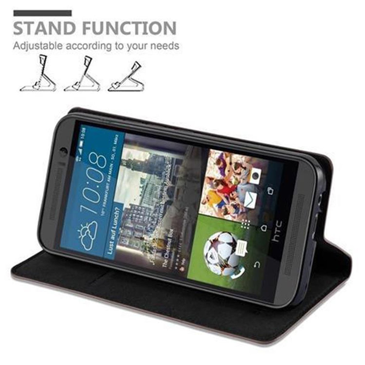 Smartphone negro en una funda, abierto para mostrar la pantalla.
