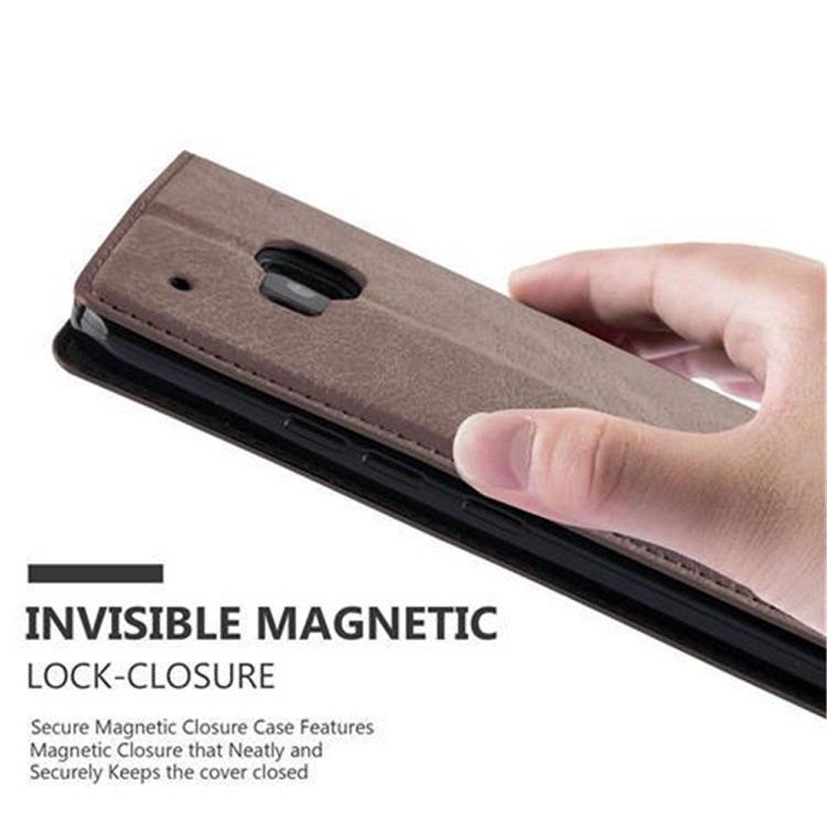 Una mano sostiene una funda marrón. La funda está abierta. Texto: Cierre magnético invisible.