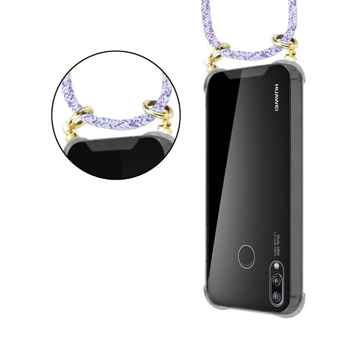 Telefono Huawei nero con custodia trasparente e cinturino viola e bianco.