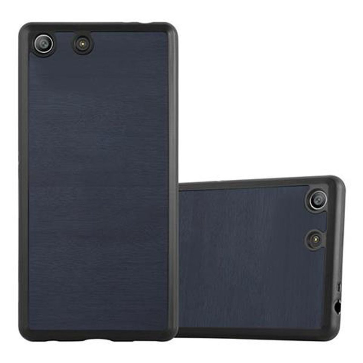 Dos cubiertas traseras de smartphone azul oscuro, borde negro. Fondo blanco.