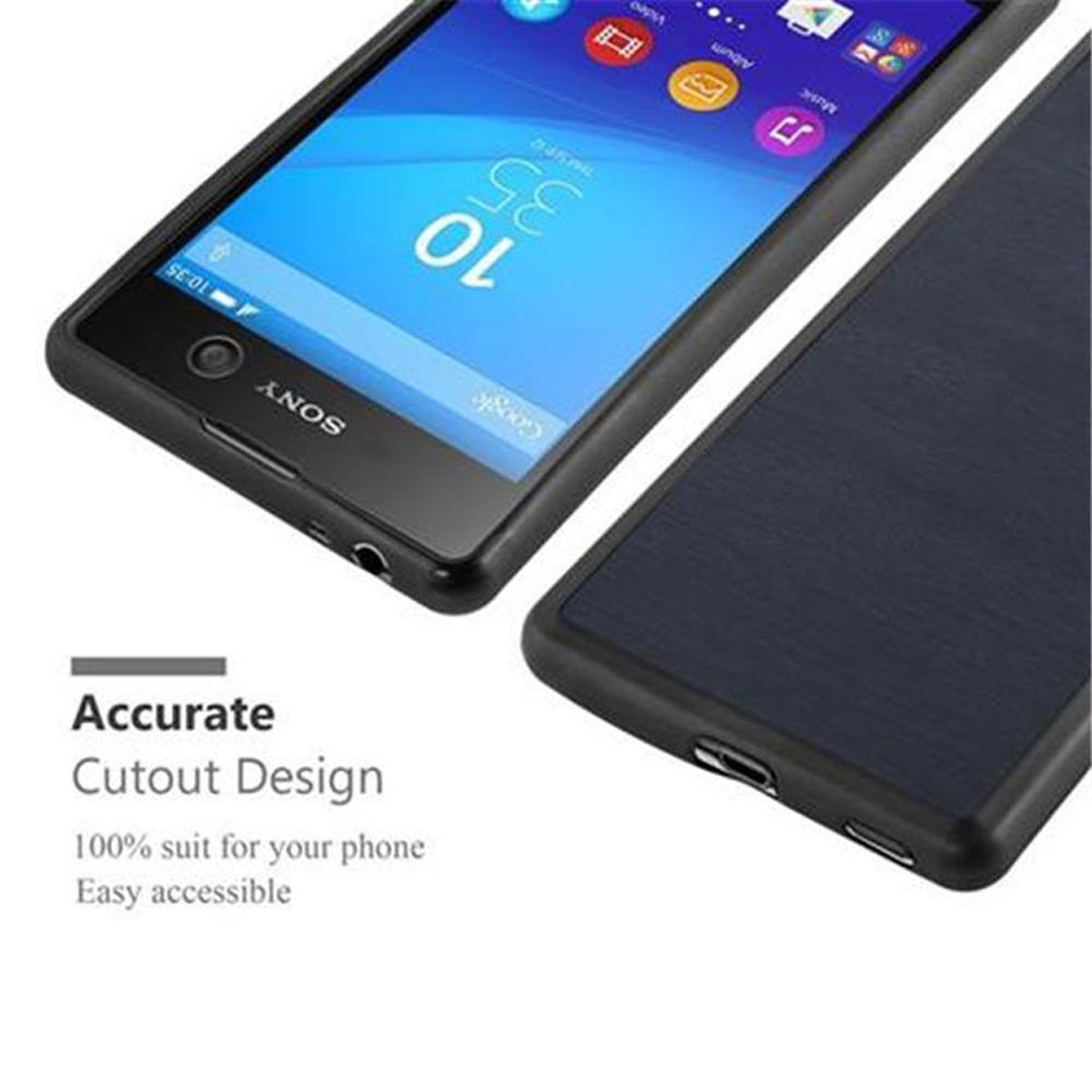 Dos fundas negras para teléfono. Una muestra la pantalla, la otra la parte trasera.