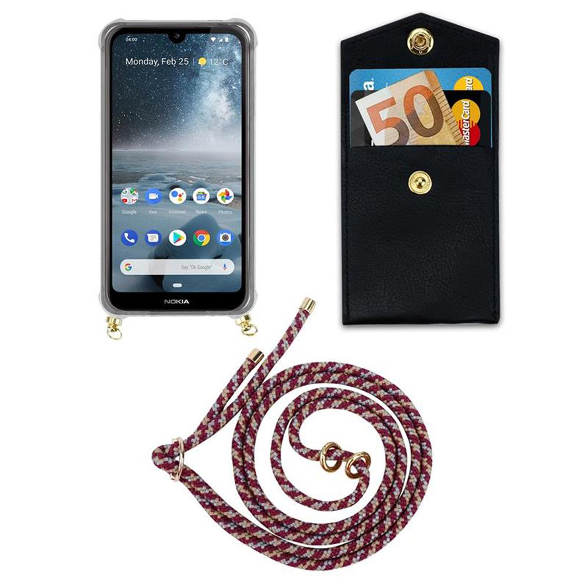 CADORABO Handy Kette mit Ringen, Gold Kordel Band Hülle, 4.2, Nokia, und abnehmbarer GELB ROT Backcover, WEIß