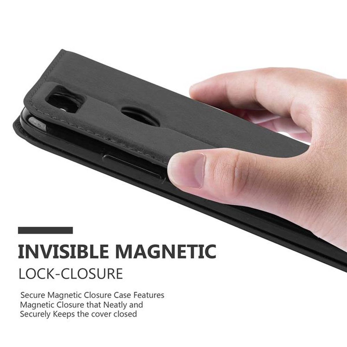 Mano che tiene una custodia nera per telefono, chiudendola. Testo: Chiusura magnetica invisibile.
