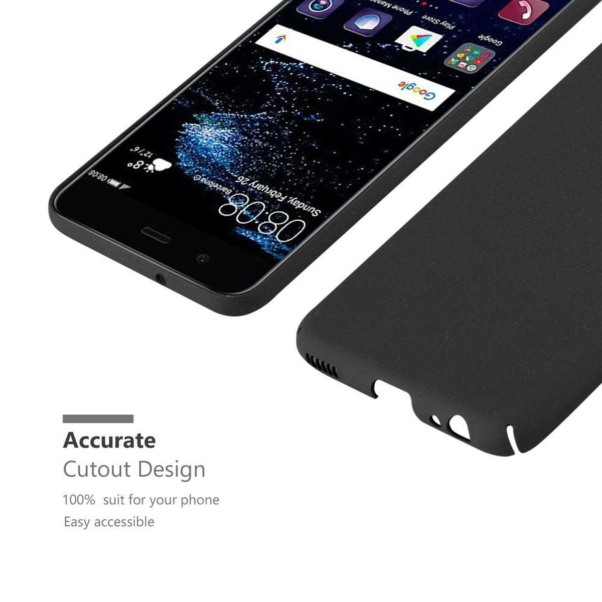 Schwarzes Telefon mit Hülle, zeigt Wetter-App und eine Hülle daneben.
