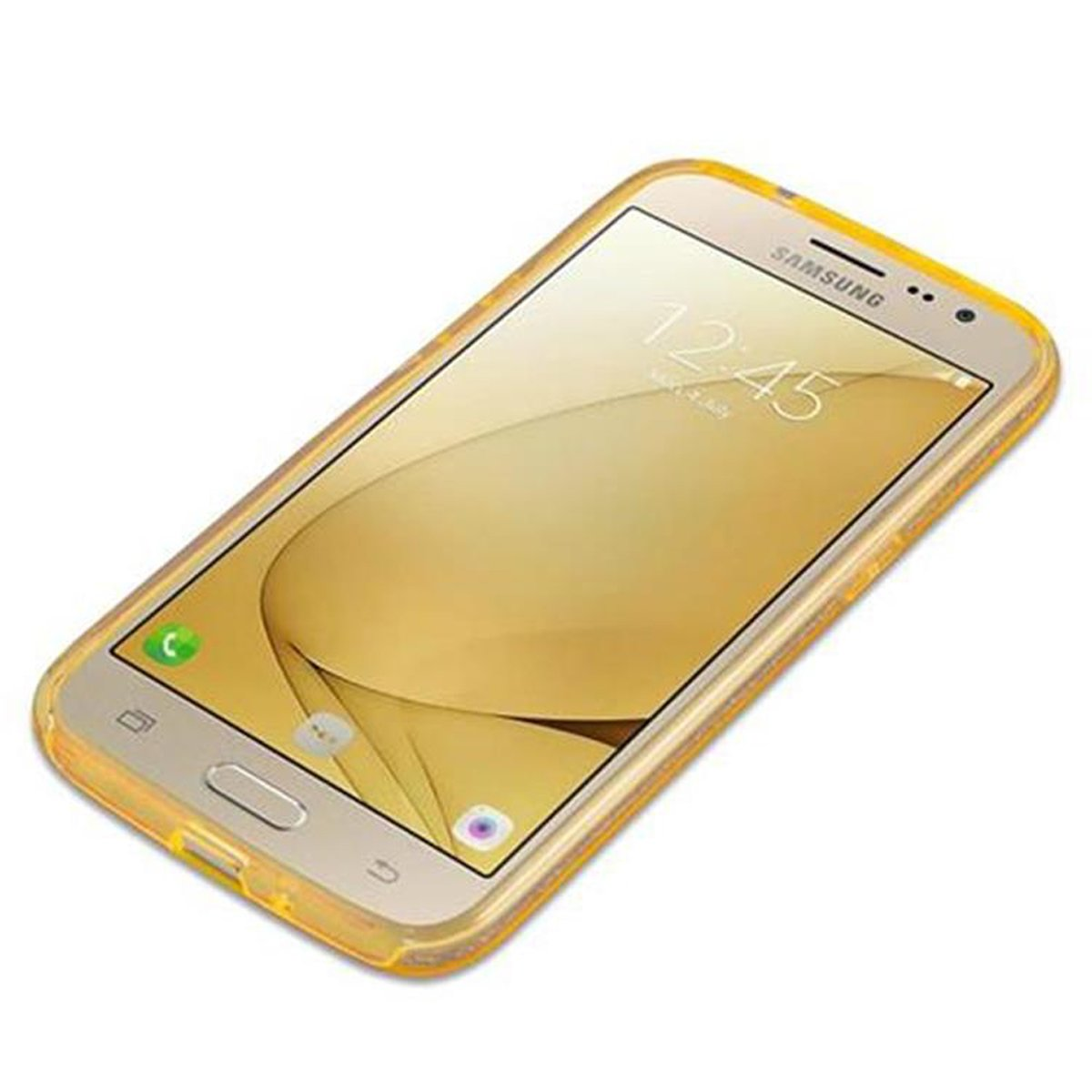 Un teléfono amarillo en una funda amarilla. La pantalla muestra la hora.