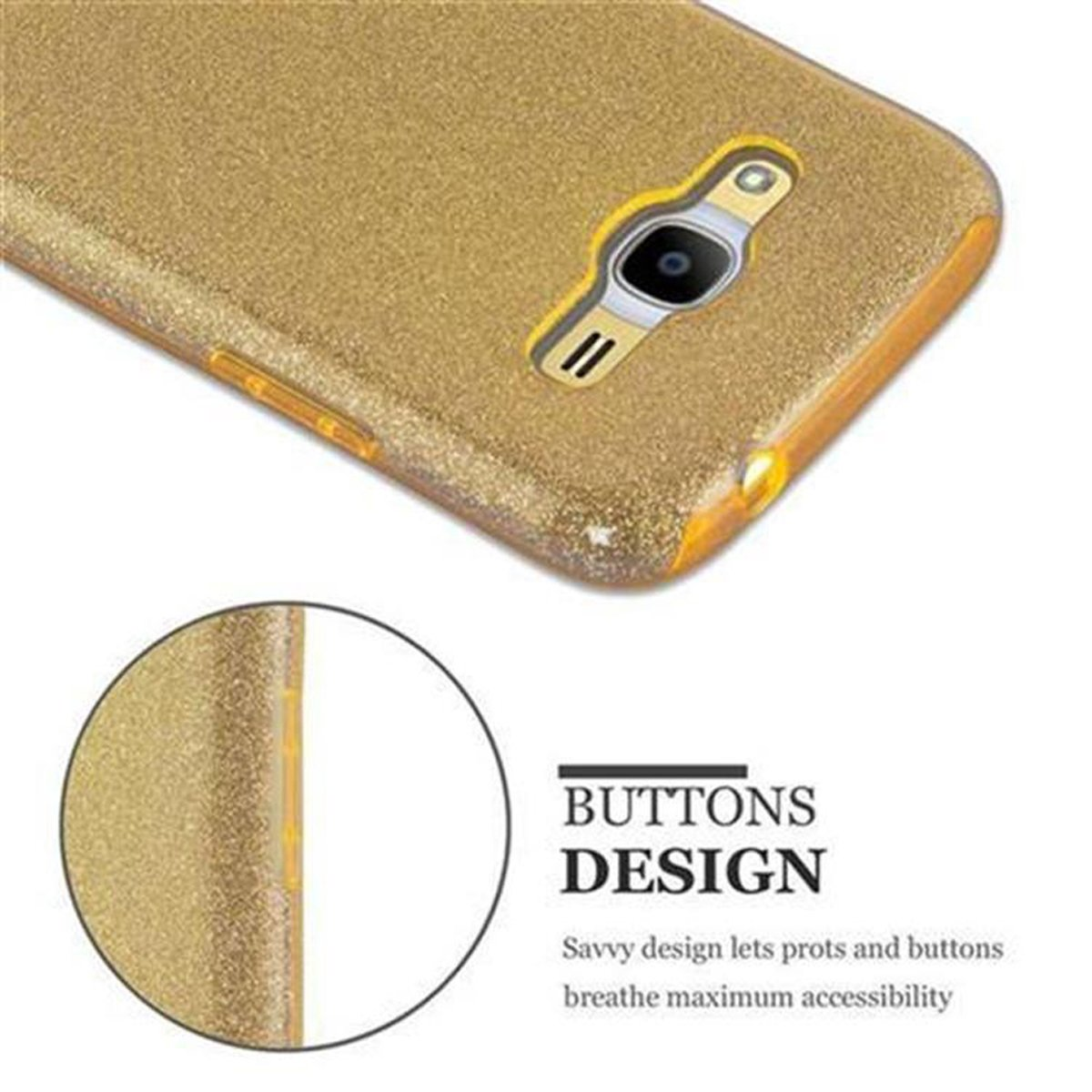 Primer plano de una funda dorada para teléfono. Texto describe el diseño de botones para accesibilidad.