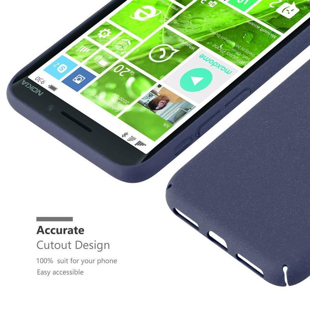 Eine blaue Handyhülle mit einem Telefon, das eine Windows-ähnliche Oberfläche und Design anzeigt.