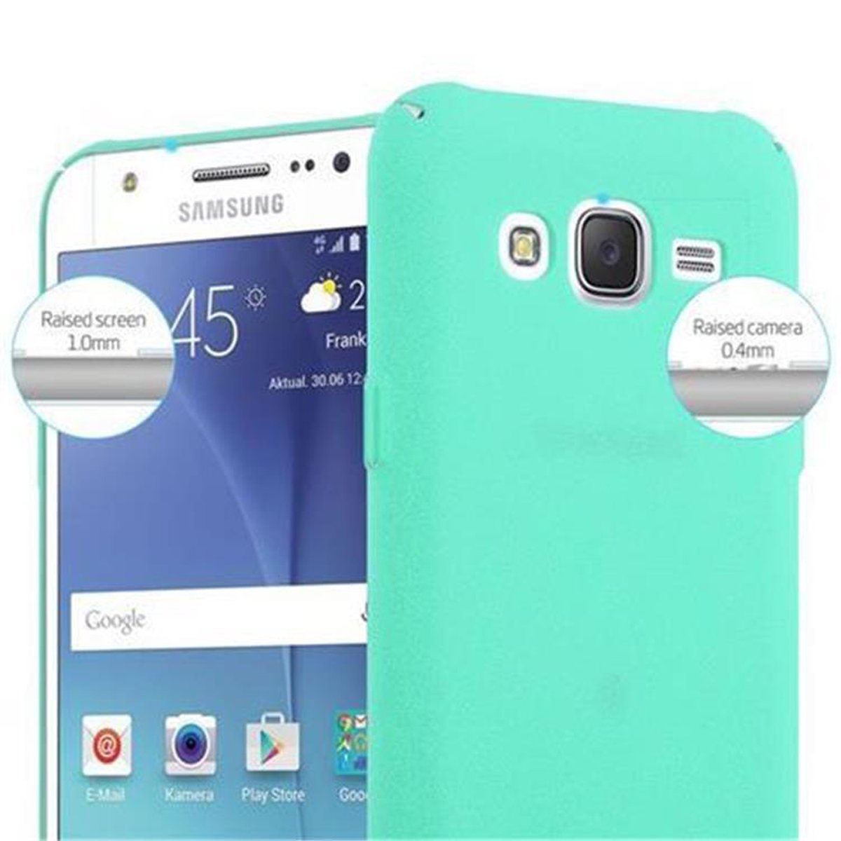 Un telefono e una custodia verde, con testo e cerchi che indicano lo schermo e la fotocamera rialzati.