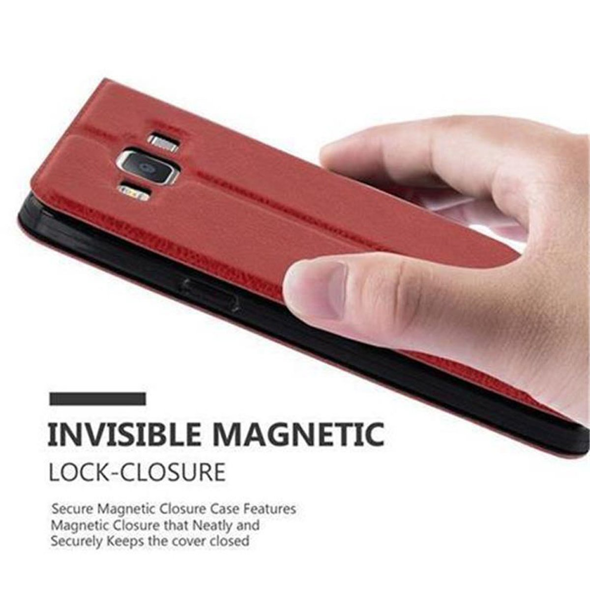 Una mano che apre una custodia rossa per telefono per rivelare il telefono all'interno.