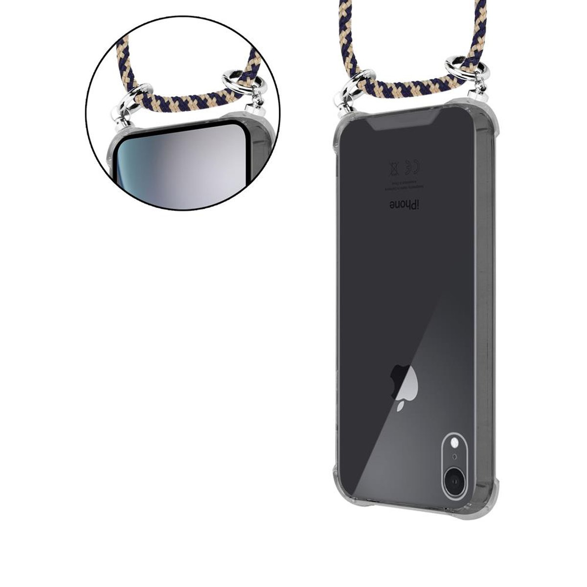 CADORABO Handy Kette mit abnehmbarer Apple, und Ringen, GELB Hülle, XR, Band iPhone DUNKELBLAU Silber Backcover, Kordel