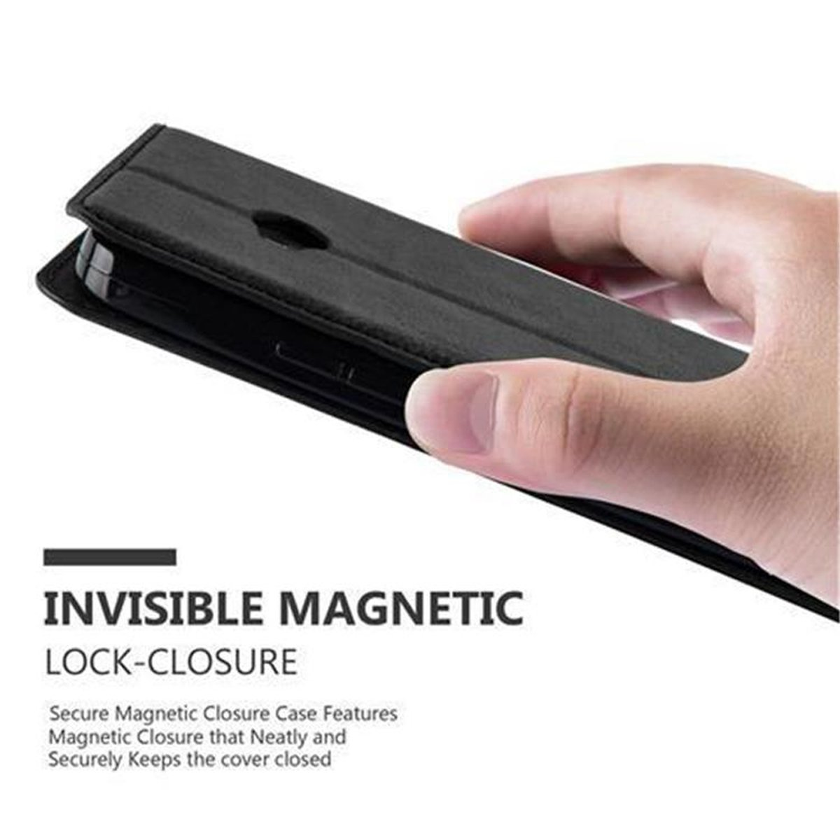 Mano che tiene una custodia nera con chiusura magnetica e testo 'INVISIBLE MAGNETIC LOCK-CLOSURE'.