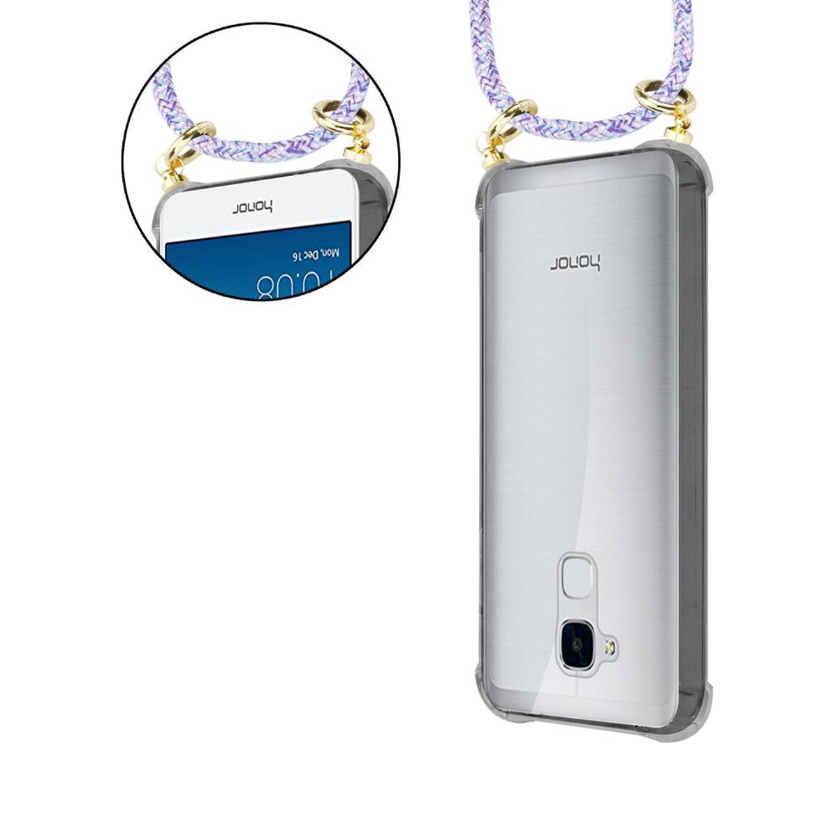 Telefon mit klarer Hülle und lila Lanyard mit goldenen Ringen. Die Hülle ist klar.