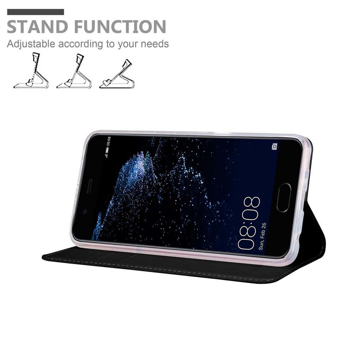 Ein Telefon ist in einer Hülle geöffnet. Das Telefon zeigt Uhrzeit und Datum an. Die Hülle ist schwarz.
