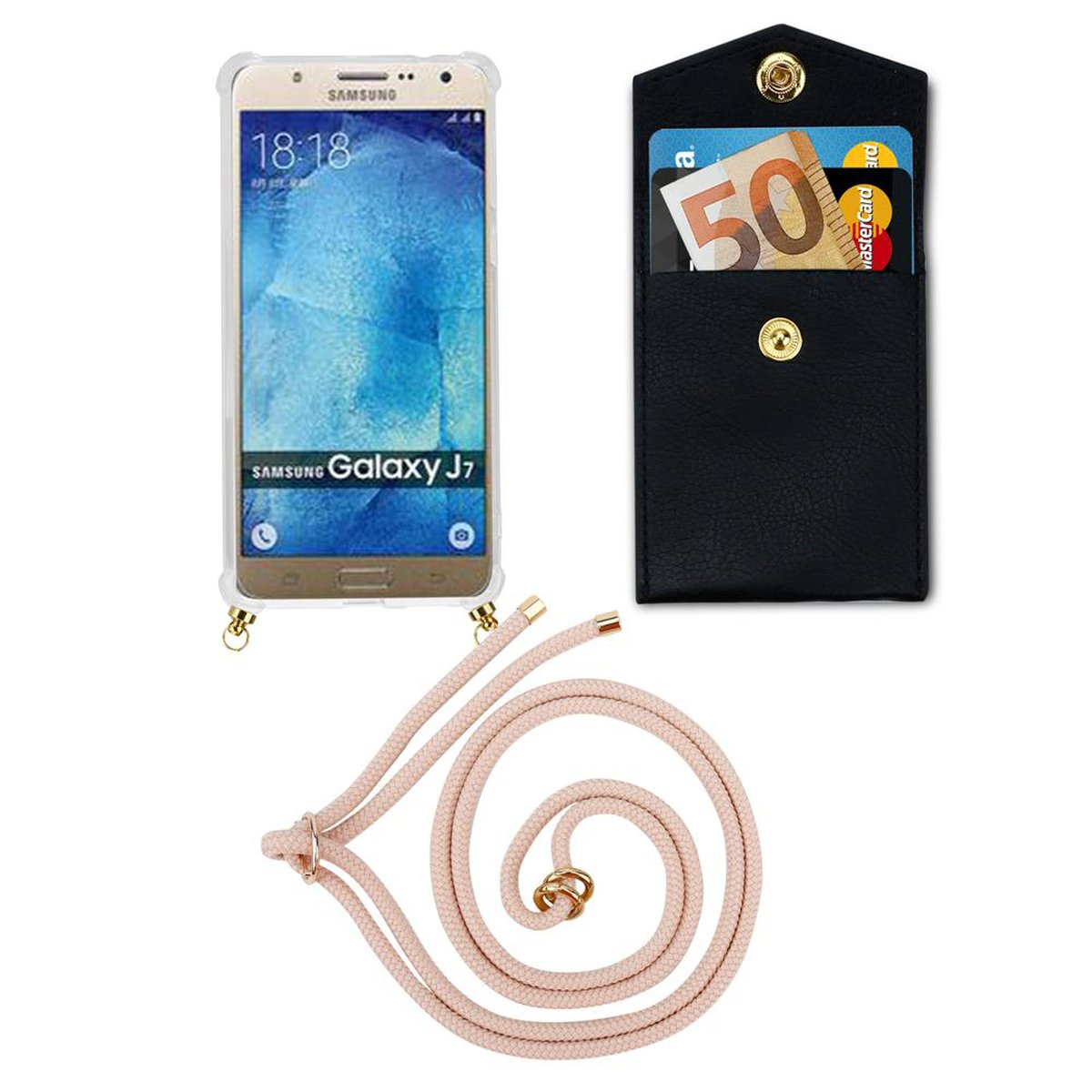 CADORABO Handy Kette Ringen, PERLIG Gold J7 2015, Backcover, ROSÉGOLD Samsung, mit Hülle, und Kordel Band abnehmbarer Galaxy