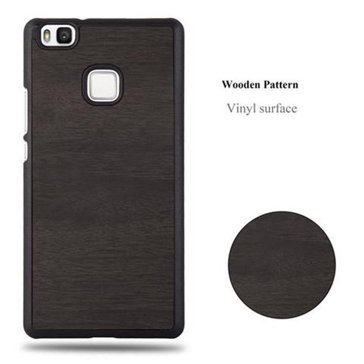 Custodia per smartphone nera con motivo in legno. Sfondo bianco.
