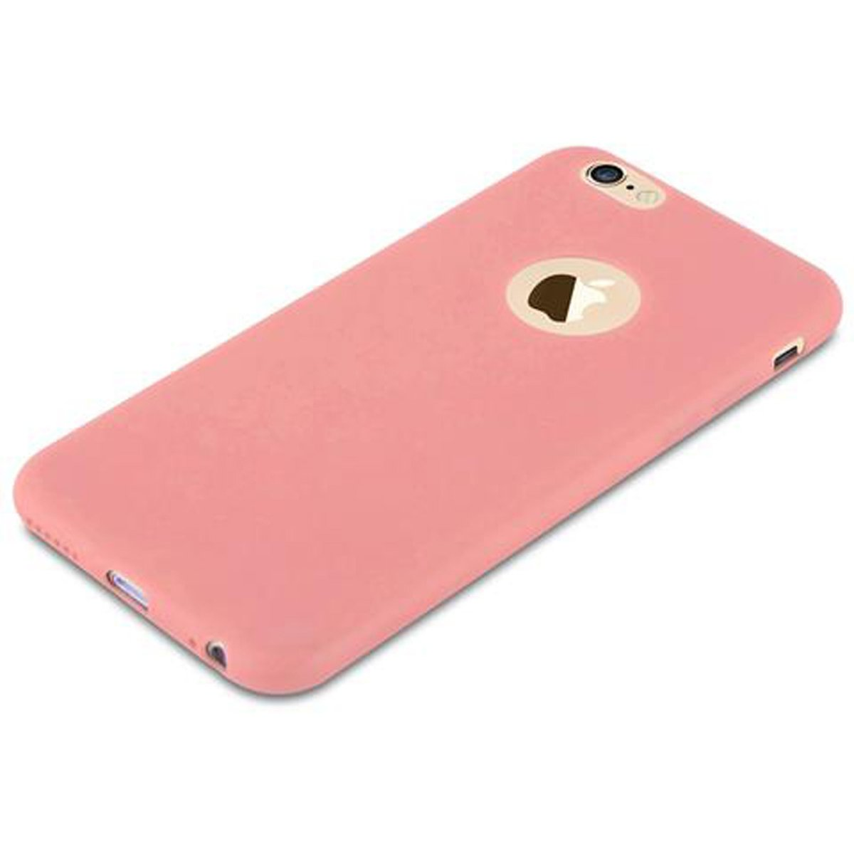 Custodia per telefono rosa. Logo Apple visibile sul retro. Telefono leggermente angolato.
