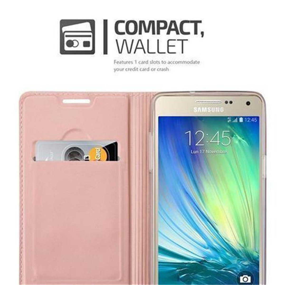 Ein Telefon in einer rosa Hülle. Der Bildschirm zeigt die Uhrzeit an. Die Hülle hat Kartenfächer.