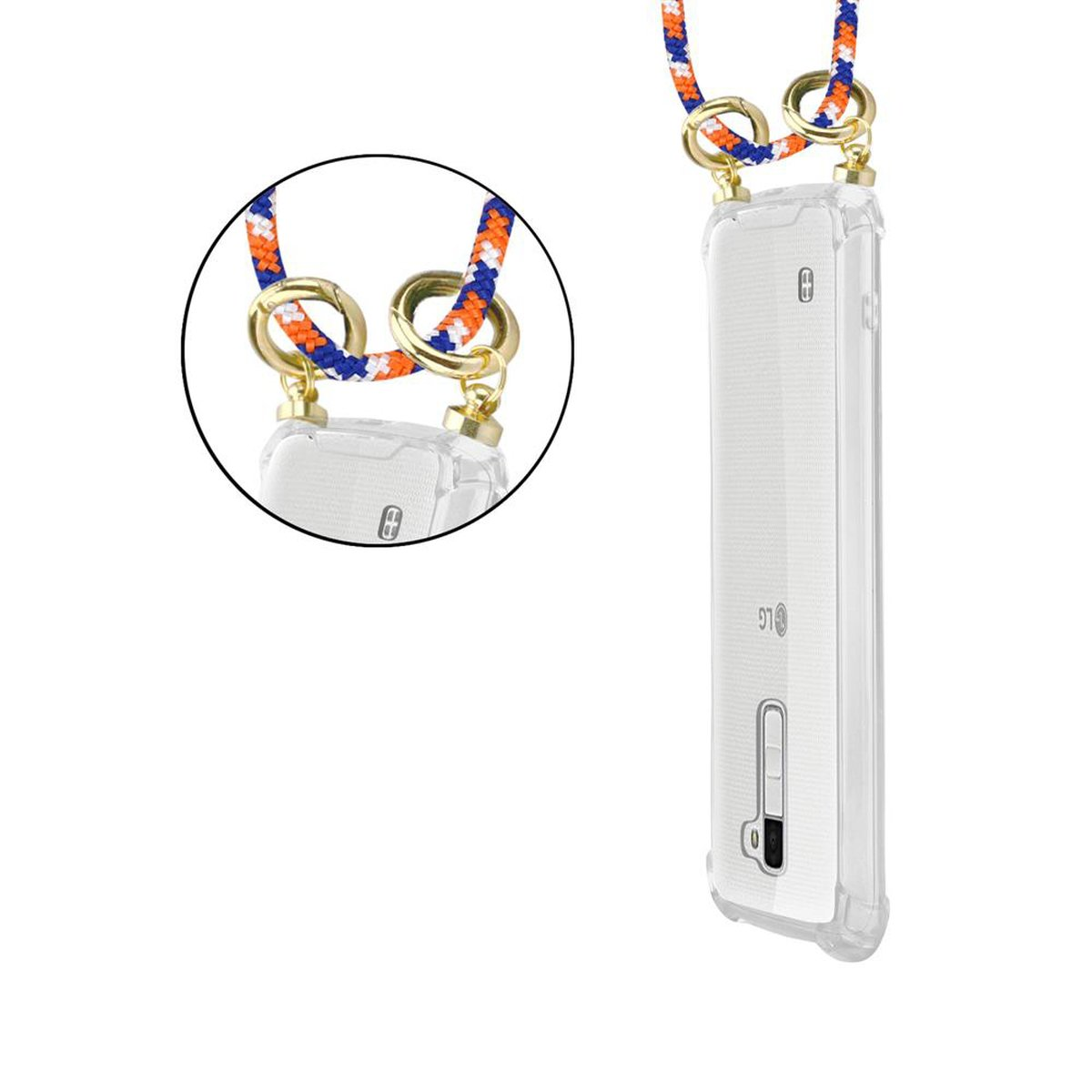 Backcover, Kordel K10 Gold Kette Handy Band ORANGE LG, Hülle, 2016, WEIß BLAU mit CADORABO Ringen, und abnehmbarer