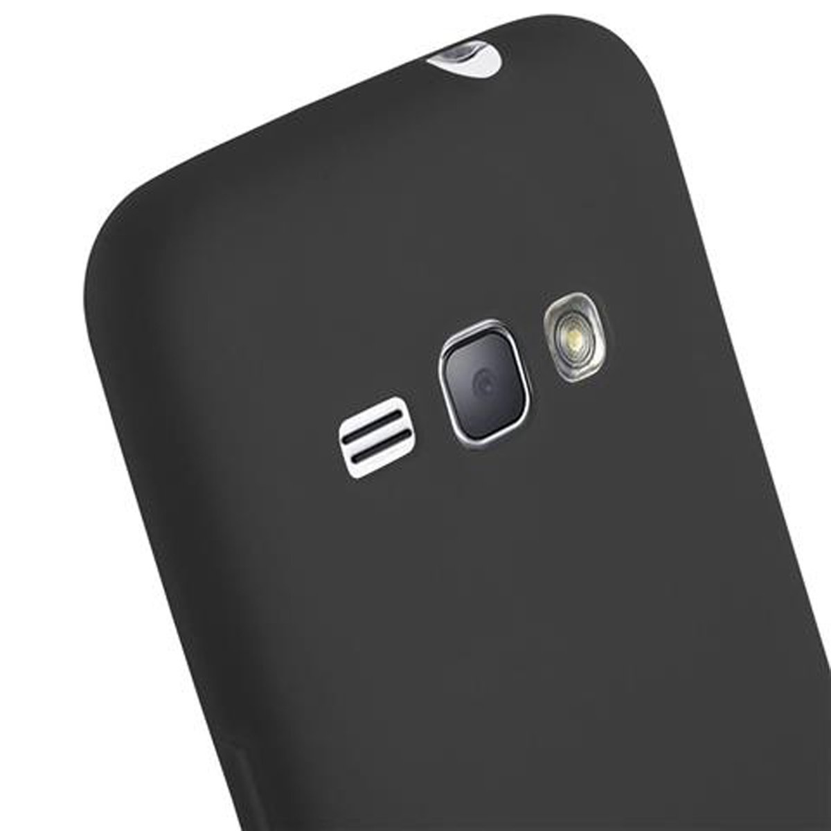 Retro del telefono nero con dettagli della fotocamera, su sfondo bianco.