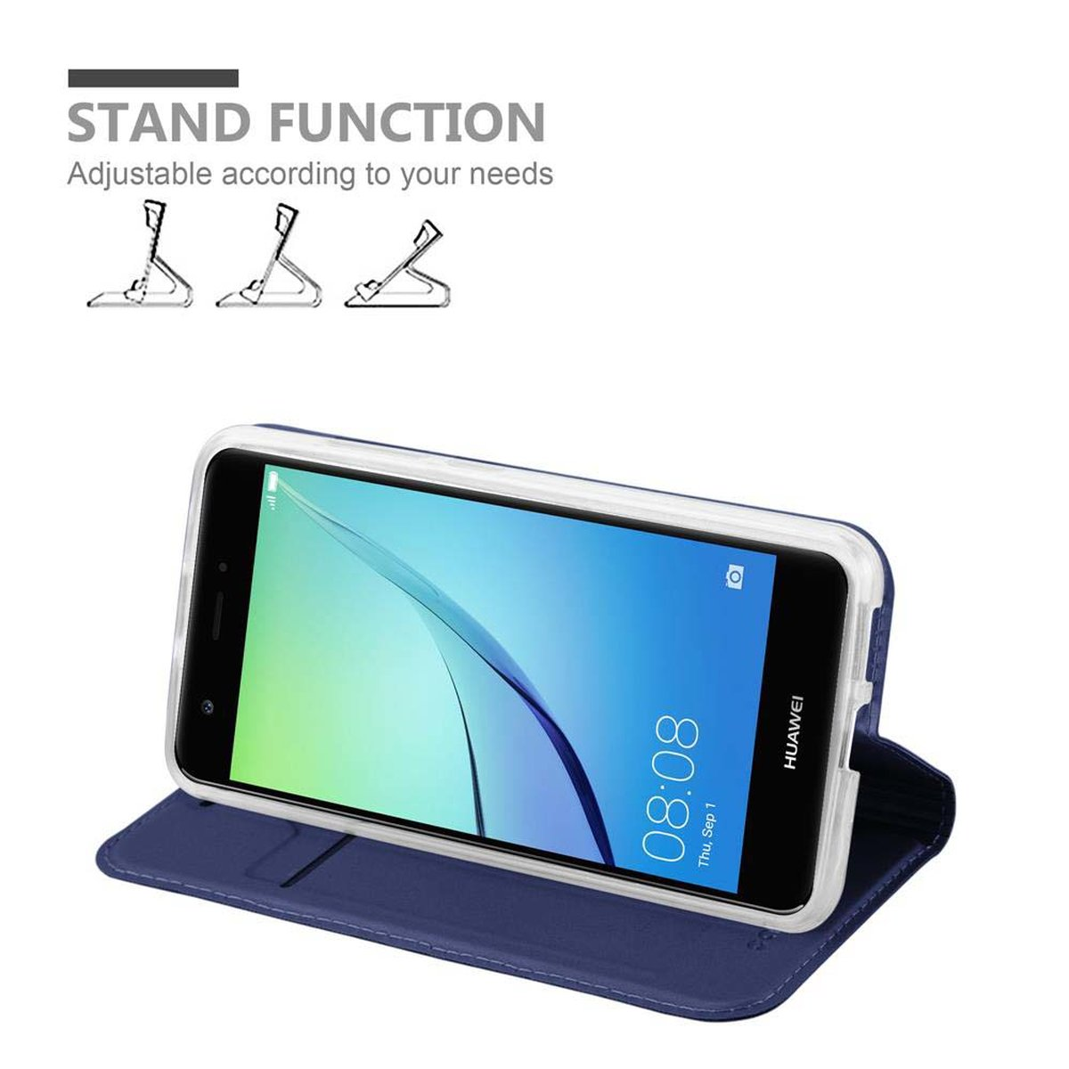 Un telefono blu in una custodia blu che può essere piegata come supporto. Lo schermo mostra l'ora e la data.