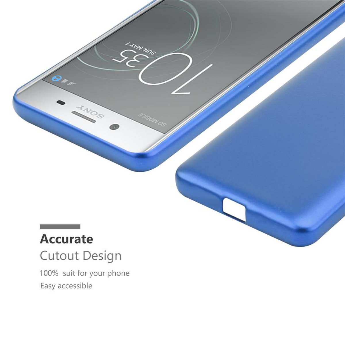 Custodia blu per telefono con telefono all'interno. Il testo vicino alla custodia dice: 'Accurate Cutout Design'.